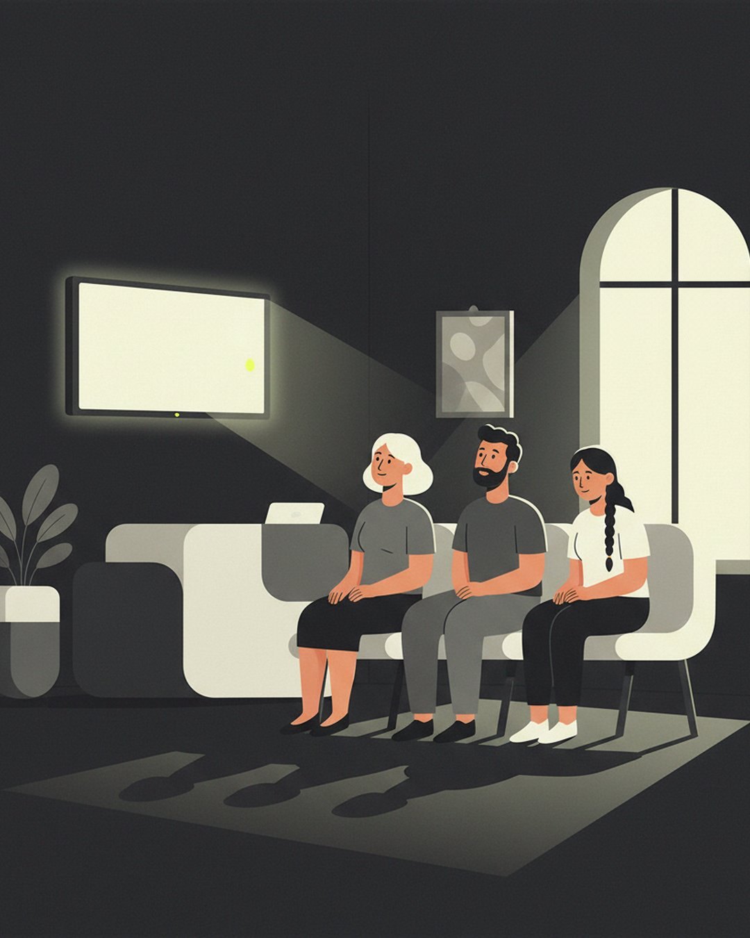 sala de espera de uma clínica com uma tela na parede